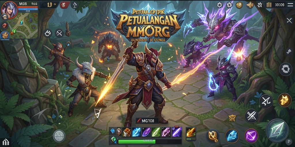 Tampilan gameplay MG108 menampilkan pertarungan epik dalam dunia fantasi.