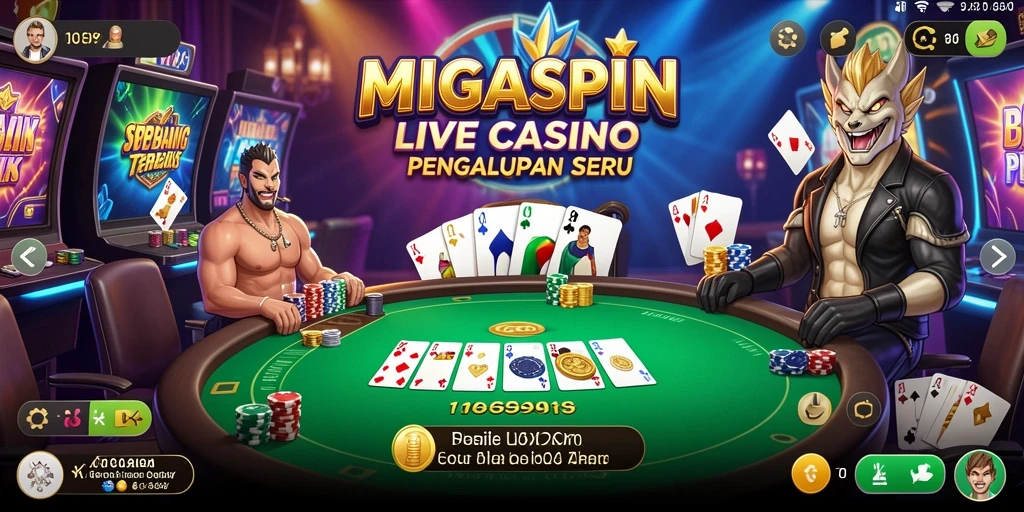 Screenshot gameplay MIGASPIN menunjukkan suasana kasino langsung yang mengasyikkan.