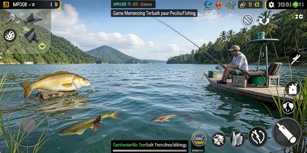 Screenshot MPO08 menampilkan pemain yang menangkap ikan di danau indah.