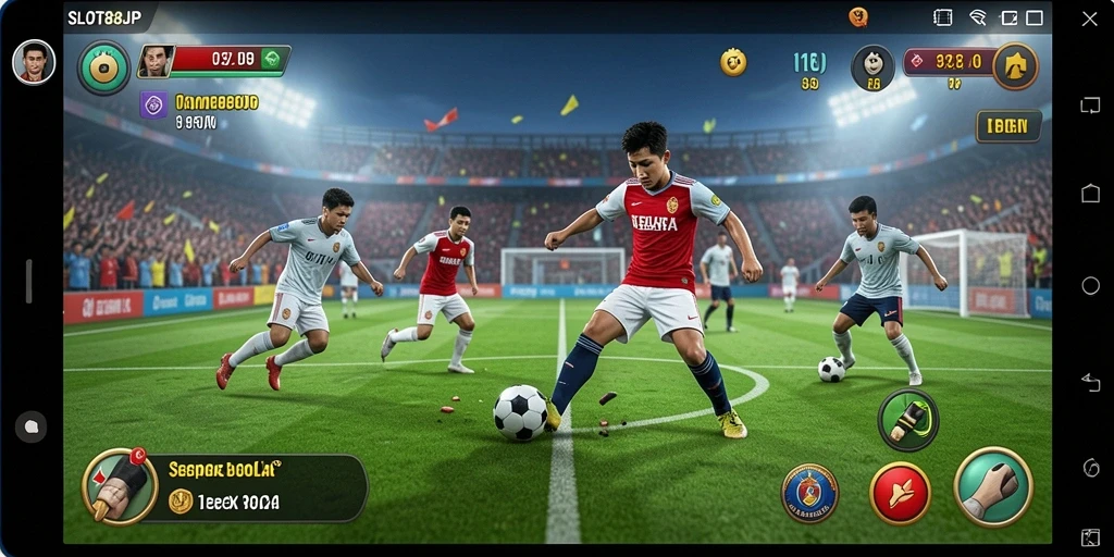Tampilan gameplay SLOT88JP yang menegangkan dengan aksi sepak bola seru.